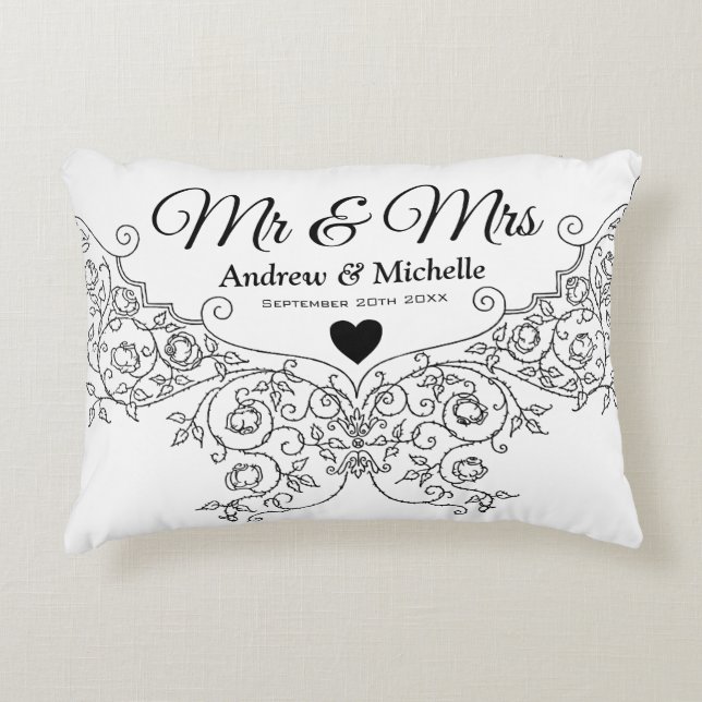 Elegant Ornate Wedding Mr and Mrs Personalised Accent Pillow (Front)