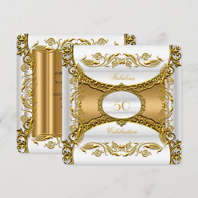 Elegant Ornate White Gold Fabulous 50th Birthday Invitation (Front/Back)
