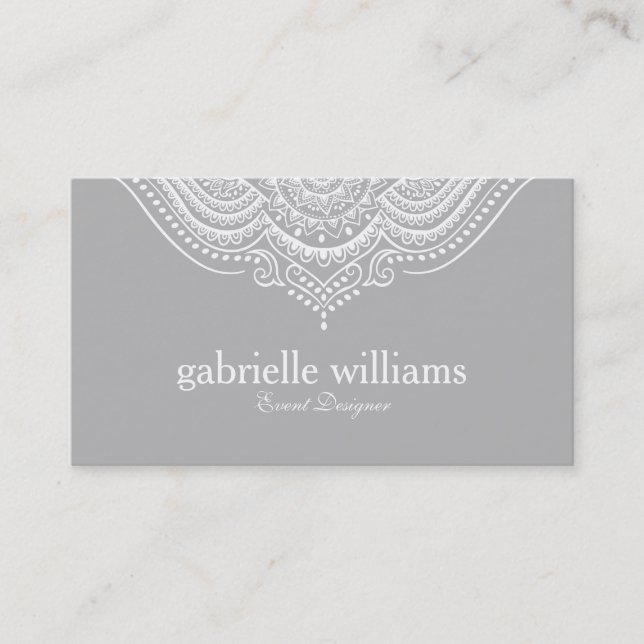 Elegant Ornate White & Light Gray Geometric Design Business Card (Front)
