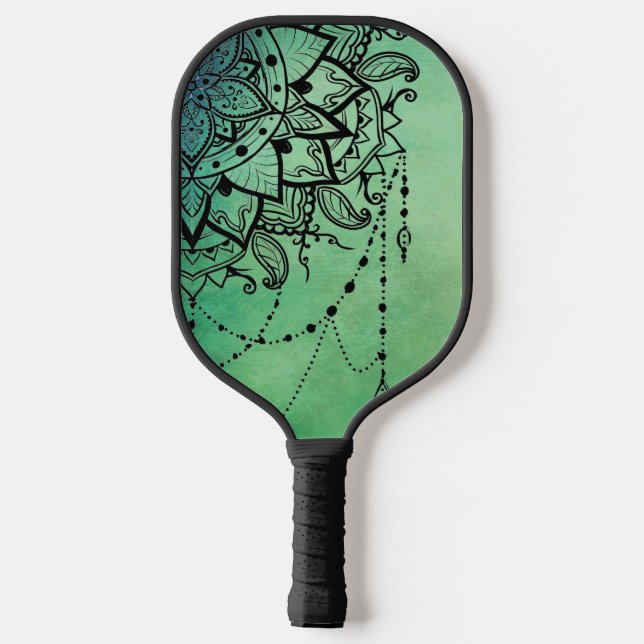 Elegant Ornate Zen Mandala Rosette Green tones Pickleball Paddle (Back)