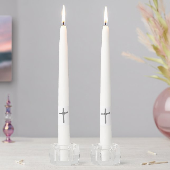 Elegant Oslo Grey Palm Cross Baptismal Christening Taper Candle (In Situ)