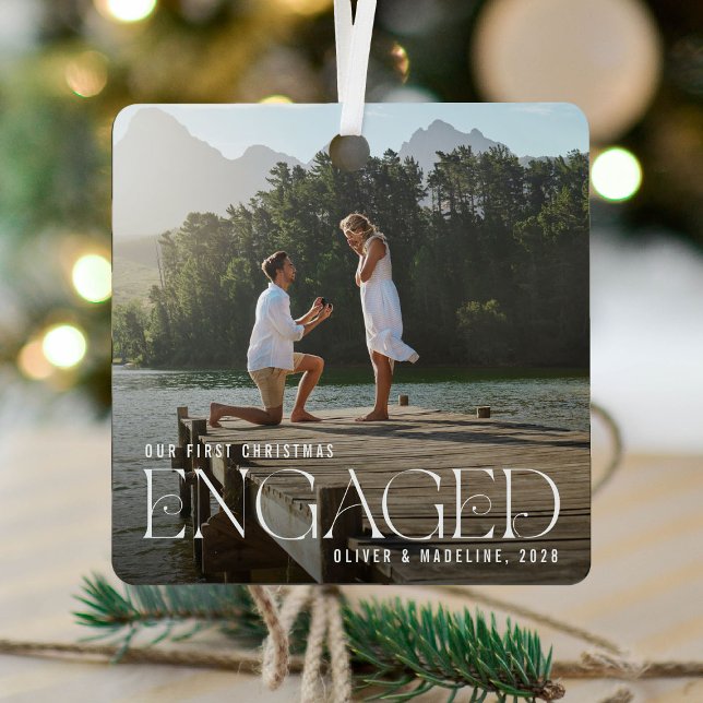 Elegant Our 1st Christmas Engaged Photo Keepsake Metal Ornament (Creator Uploaded)
