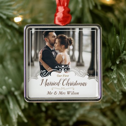 Elegant Our 1st Married Christmas One Photo Metal Ornament