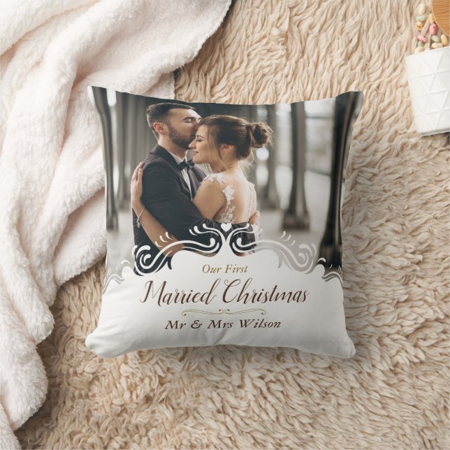 Elegant Our 1st Married Christmas One Photo Throw Pillow (Blanket)