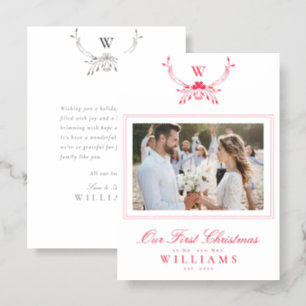 Elegant Our First Christmas as Mr and Mrs Monogram Letterpress Photo Cards