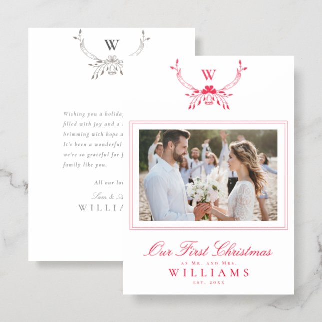 Elegant Our First Christmas as Mr and Mrs Monogram Letterpress Photo Cards (Front/Back)