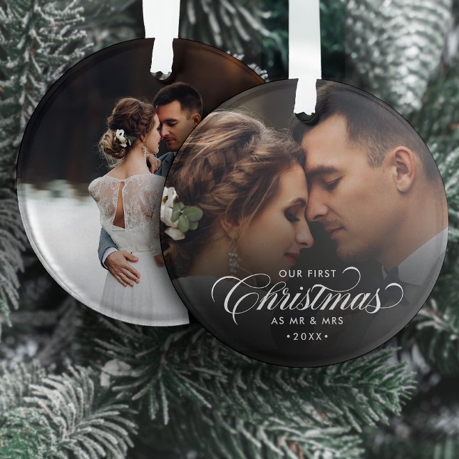 Elegant Our First Christmas As Mr & Mrs 2-Photo Ornament (Creator Uploaded)