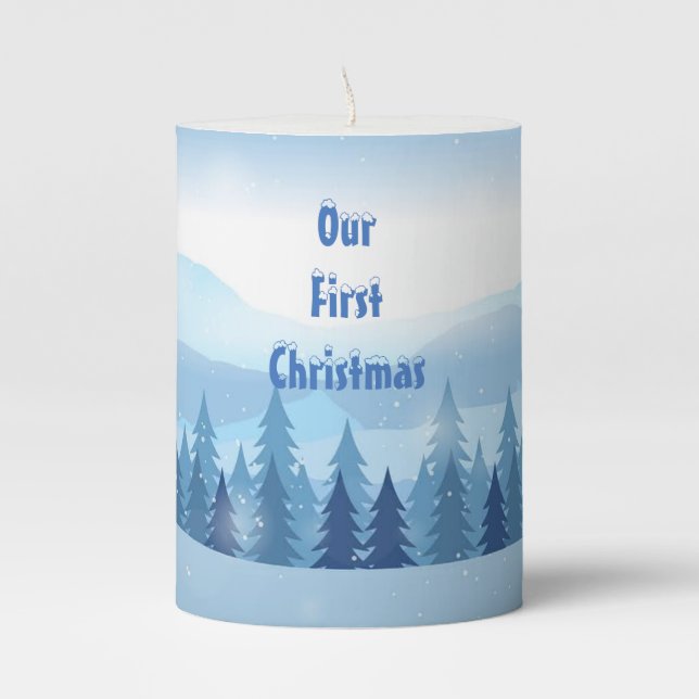 Elegant Our First Christmas Blue Winter Snow Hail  Pillar Candle (Front)
