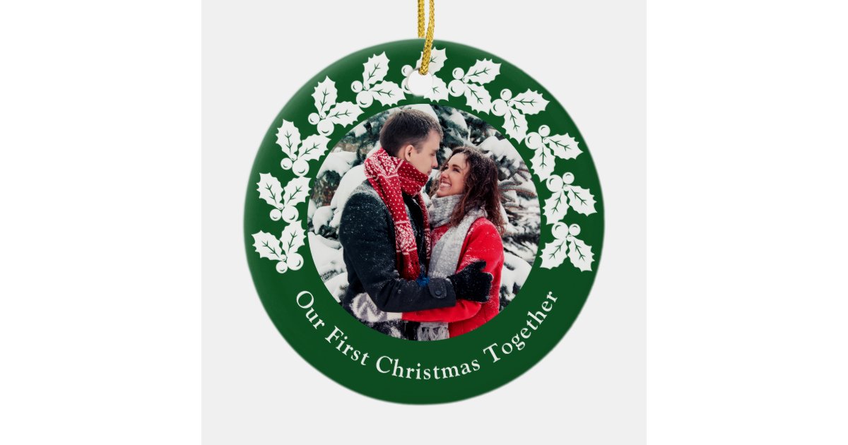 Elegant our first Christmas couple photo custom Ceramic Ornament | Zazzle