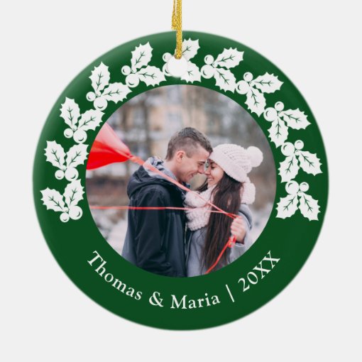 Elegant our first Christmas couple photo custom Ceramic Ornament | Zazzle