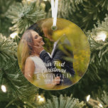 Elegant Our First Christmas Engaged Couple Photo Glass Ornament<br><div class="desc">An elegant and chic glass ornament with unique vintage script . The year and names are customizable . This newlywed  ornament has a couple photo that can be changed with your own photo. Grab this ornament  and make this occasion captured forever.</div>