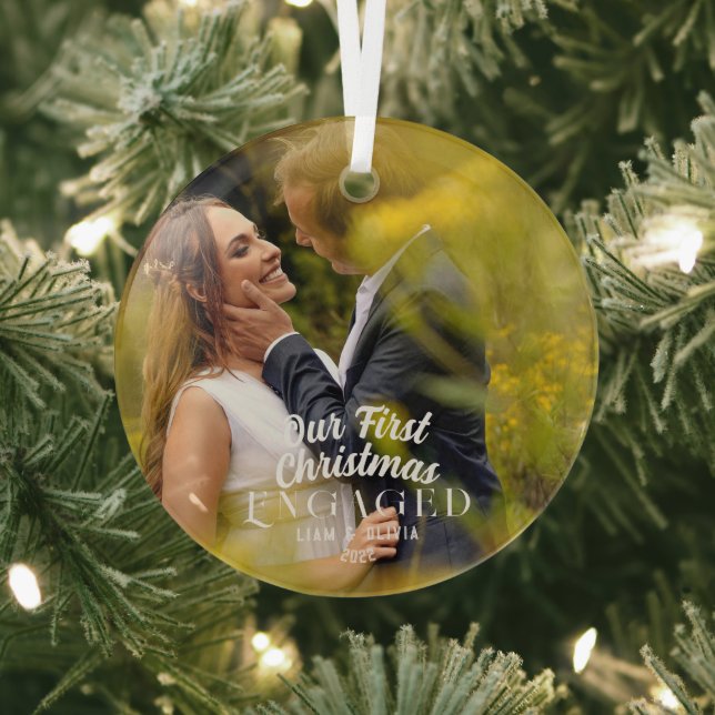 Elegant Our First Christmas Engaged Couple Photo Glass Ornament (Insitu)