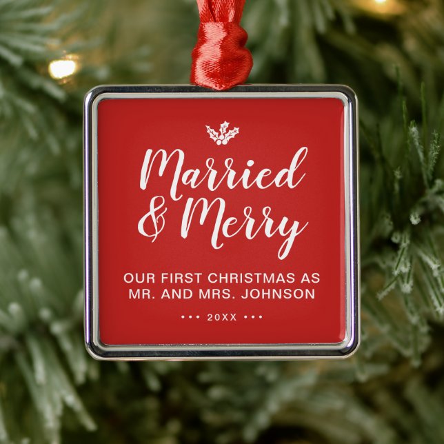 Elegant Our First Christmas Married and Merry Red Metal Ornament (Tree)