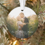 Elegant Our First Christmas Married Photo Newlywed Ornament<br><div class="desc">Did you get married this year? Add a memory to your tree with this elegant keepsake ornament with the message "Our First Christmas Married" in white text over your favorite wedding photo. Use the template to add your names and the year. Add the same photo to both sides or a...</div>