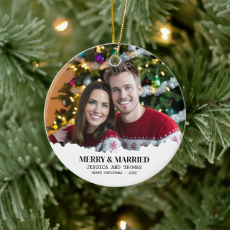 Elegant Our First Christmas Merry & Married Photo Ceramic Ornament