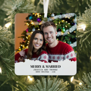 Elegant Our First Christmas Merry & Married Photo  Metal Ornament