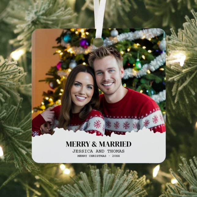 Elegant Our First Christmas Merry & Married Photo  Metal Ornament (Insitu)