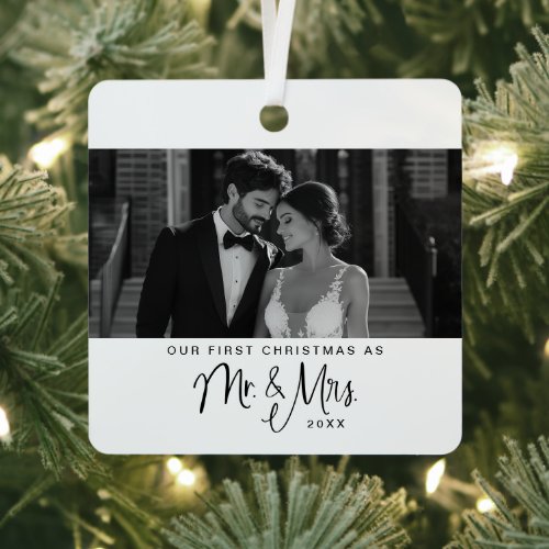 Elegant Our First Christmas Mr  Mrs Photo Metal Ornament