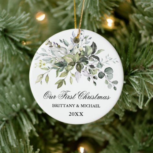 Elegant Our First Christmas Watercolor Greenery Ceramic Ornament