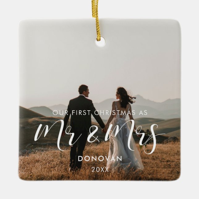 Elegant Our First Christmas wedding photo Ceramic Ornament (Front)