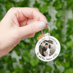Elegant Our First Christmas wedding photo Keychain