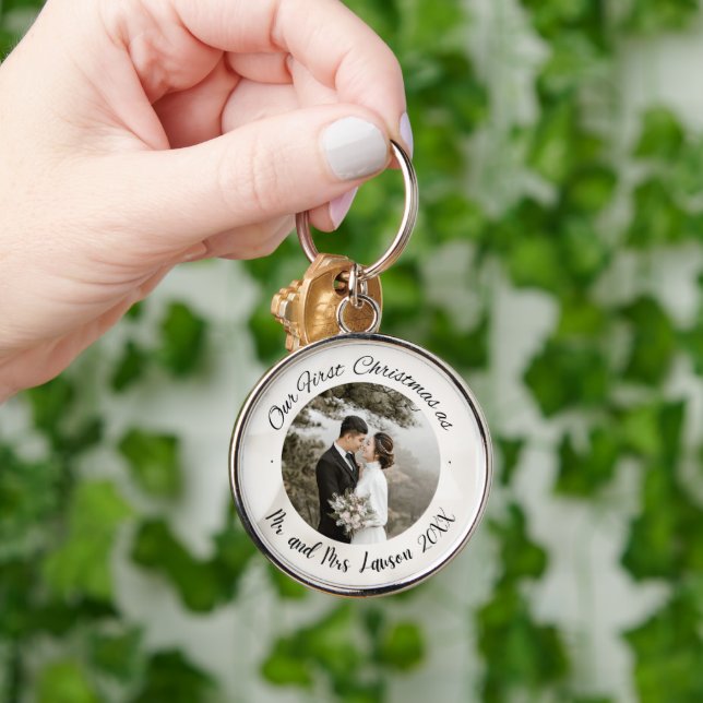 Elegant Our First Christmas wedding photo Keychain (Hand)