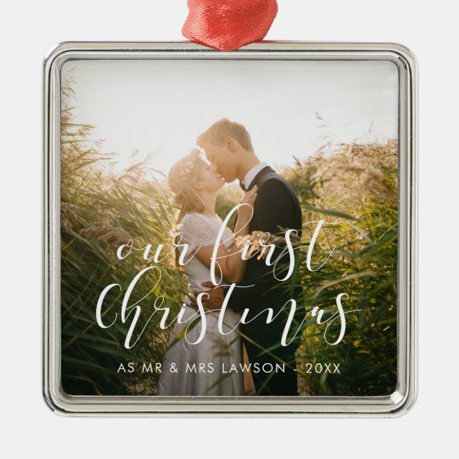 Elegant Our First Christmas wedding photo Metal Ornament (Front)