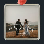 Elegant Our First Christmas wedding photo Metal Ornament<br><div class="desc">A modern typography for this photo ornaments collection. To customize with your favorite picture. You can also easily change the color of the font to your liking.</div>