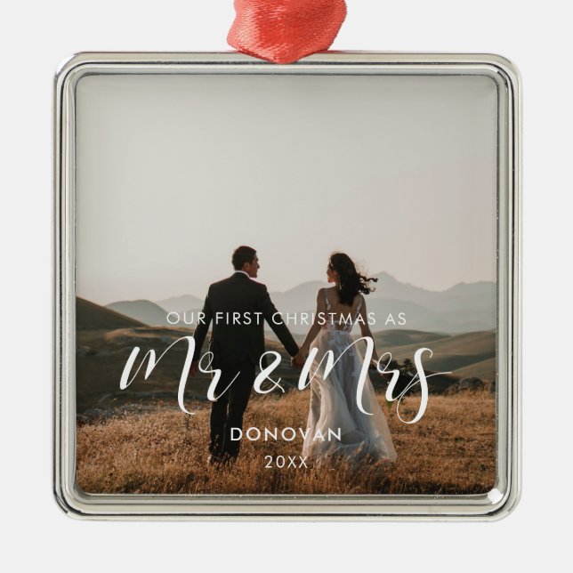Elegant Our First Christmas wedding photo Metal Ornament (Front)