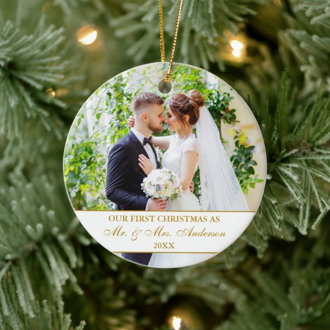 Elegant Our First Christmas White Gold 2 Photo Ceramic Ornament (Tree)