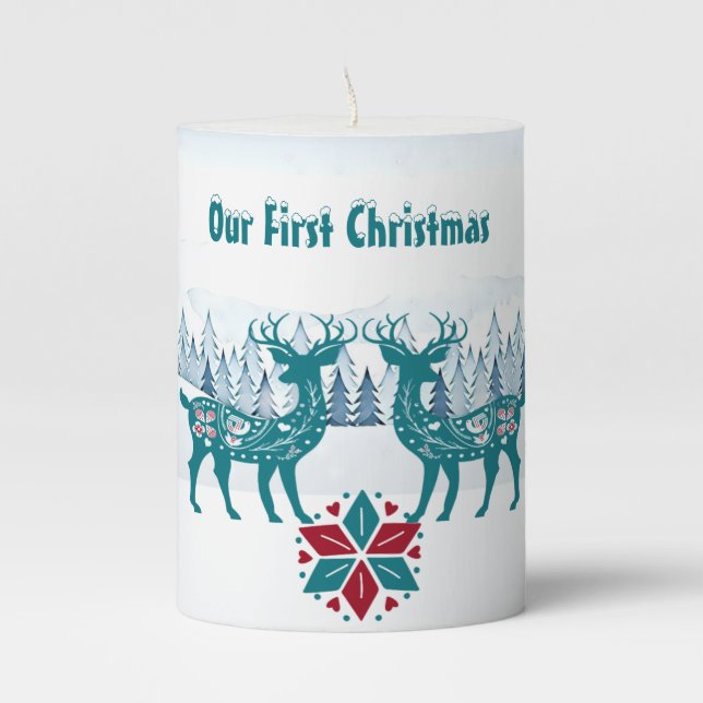 Elegant Our First Christmas Winter Nordic Reindeer Pillar Candle (Front)