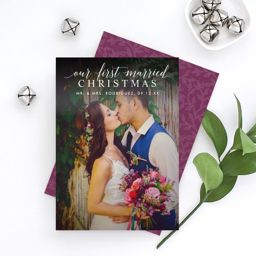Elegant Our First Married Christmas Burgundy Photo Holiday Card