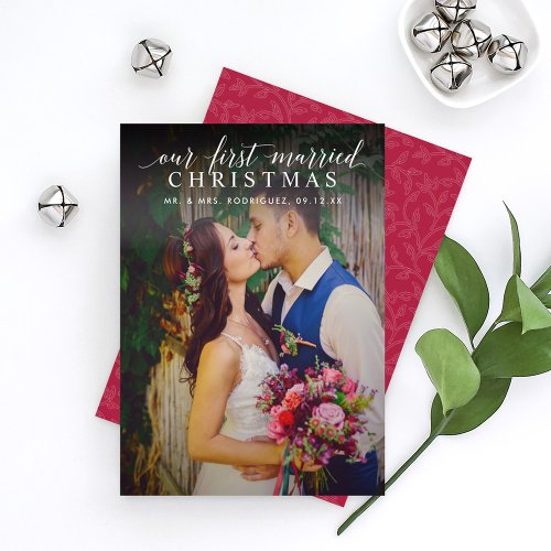 Elegant Our First Married Christmas Red Photo Holiday Card