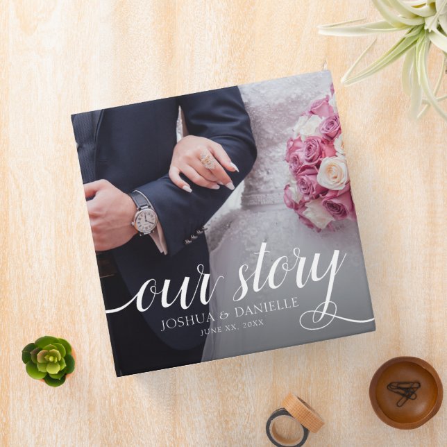 Elegant Our Story Photo Wedding Handwritten 3 Ring Binder (In Situ)