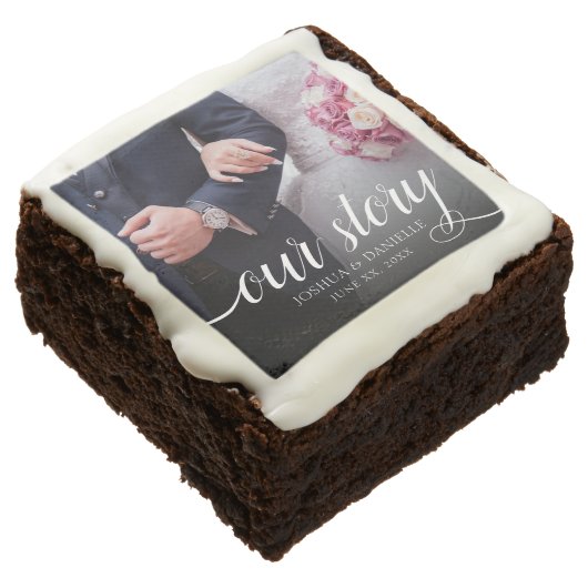 Elegant Our Story Photo Wedding Handwritten Brownie (Angled)