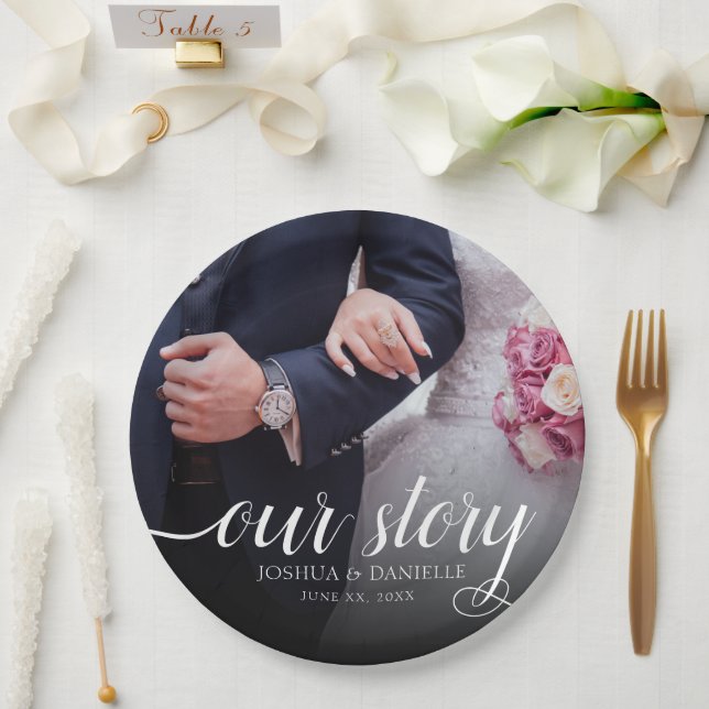 Elegant Our Story Photo Wedding Handwritten Paper Plates (Wedding)