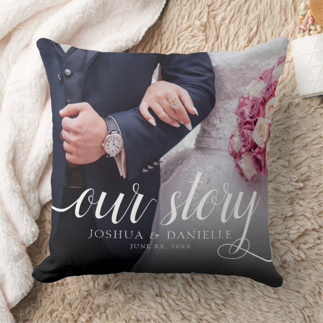 Elegant Our Story Photo Wedding Handwritten Throw Pillow (Blanket)