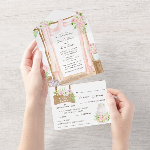 Elegant Outdoor Watercolor Pink Floral Wedding All In One Invitation