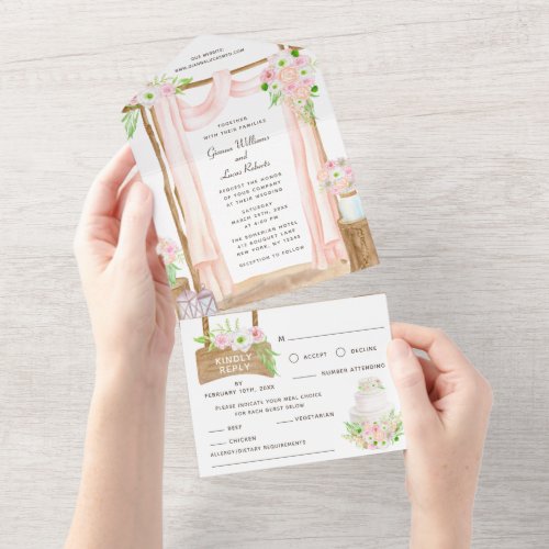 Elegant Outdoor Watercolor Pink Floral Wedding All In One Invitation