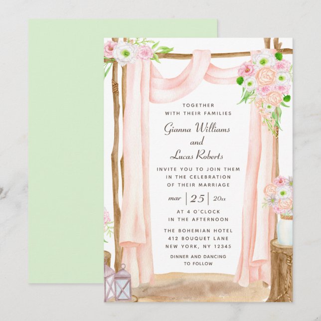 Elegant Outdoor Watercolor Pink Floral Wedding Invitation (Front/Back)