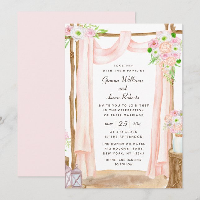 Elegant Outdoor Watercolor Pink Floral Wedding Invitation (Front/Back)
