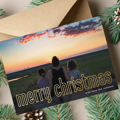 Elegant Outlined Gold Merry Christmas Photo Foil Holiday Card