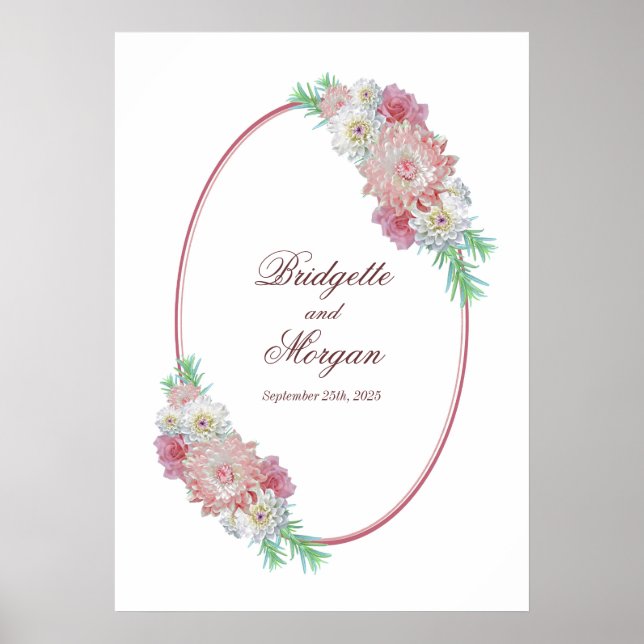 Elegant Oval Border Pink Floral Wedding Poster (Front)