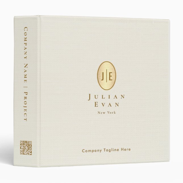 Elegant Oval Creamy White Gold Qr code Monogram 3 Ring Binder (Front/Spine)