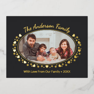 Elegant Oval Family Photo with Heart and Snowflake Foil Holiday Postcard