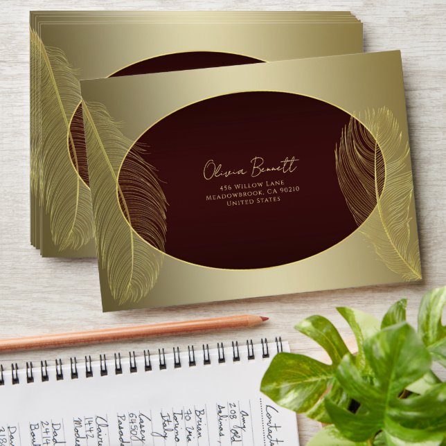 Elegant Oval Feather Red Gold Luxury Envelope  (Stacked)
