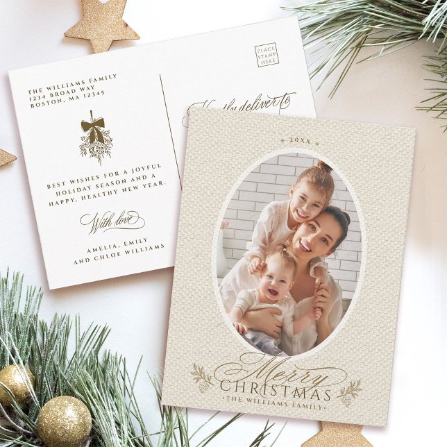 Elegant Oval Frame Merry Christmas Photo Holiday  Postcard (Front & Back)