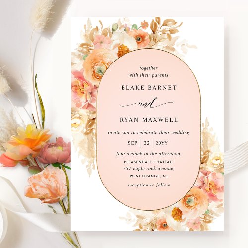 Elegant Oval Peach Blush Pink and Coral Wedding Invitation