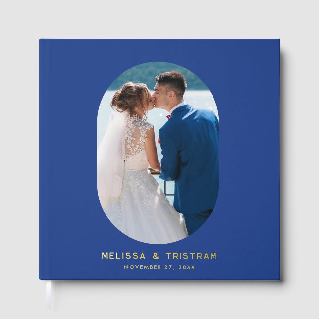 Elegant Oval Photo Elegant Wedding Blue Custom Foil Guest Book (Front)