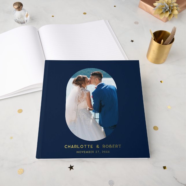 Elegant Oval Photo Elegant Wedding Custom Foil Guest Book (Front Open)